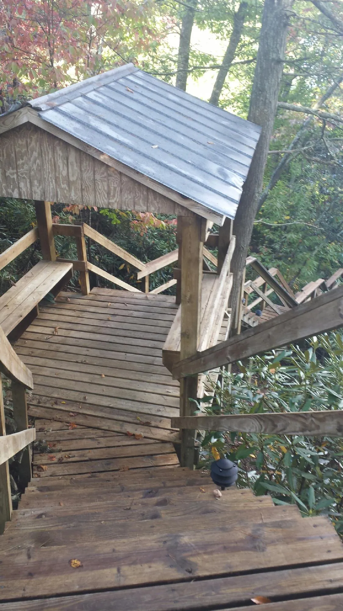 Metal roofed shelter over wooden steps on a wooded walkway — Skylight Repair & Installation work by our crew in Tama